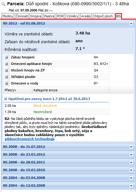 Obrázek 3 Záložka NS na zemědělské parcele 4. ZOBRAZENÍ OPATŘENÍ NS V MAPĚ Opatření NS v mapě zobrazíte zapnutím skupiny vrstev Nitrátová směrnice ve stromečku vrstev.