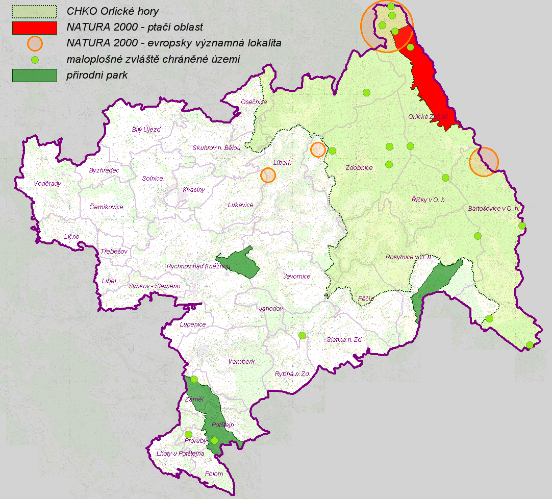 ÚAP ORP RYCHNOV NAD KNĚŽNOU aktualizace 2016 17 Zvláště chráněná území v ORP : Významné krajinné prvky : Kromě obecné ochrany je v území ORP chráněno také několik významných krajinných prvků