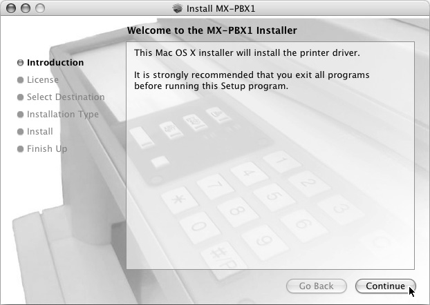 MAC OS X 4 Klepněte dvakrát na složku odpovídající verze operačního systému. v10.2.8 v10.3.9 v10.4.11 v10.5-10.5.1 5 Klikněte dvojitě na ikonu [MX-PBX1] ( ). Jestliže se u Mac OS X v10.2.8 zobrazí okno "Authenticate", zadejte heslo aklepněte na tlačítko [OK].