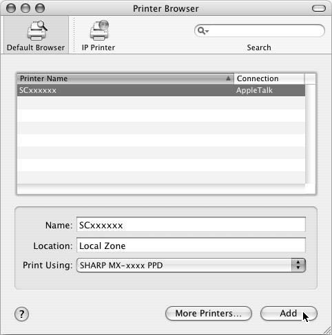 MAC OS X 14 Nakonfigurujte ovladač tiskárny. Postup pro konfigurování ovladače tiskárny se liší podle verze operačního systému. Postup pro verze 10.4.11 a 10.5-