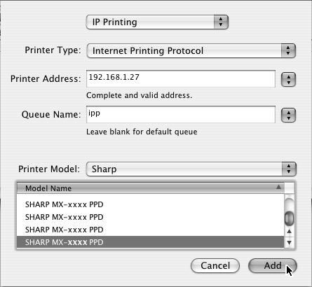 MAC OS X v10.2.8, v10.3.9 (1) (2) (3) (1) Zvolte [IP Printing]. (2) V "Printer Type" zvolte [Internet Printing Protocol]. Zadejte adresu stroje (IP adresa nebo název domény) a "Queue Name".
