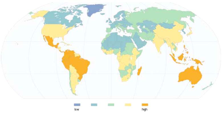 Rozložen ení biodiverzity na Zemi je velmi nerovnoměrné odraz různých, ne vždy zcela pochopených procesů a zákonitostí větší část globální diverzity je vázána na jižní polokouli