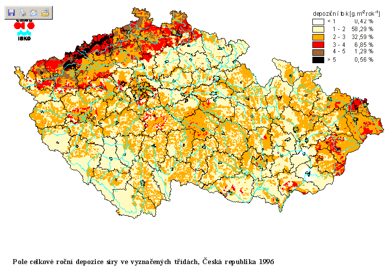 Deposice síry v ČR deposice S (USA) - imise: 30-75 kg S/ha.