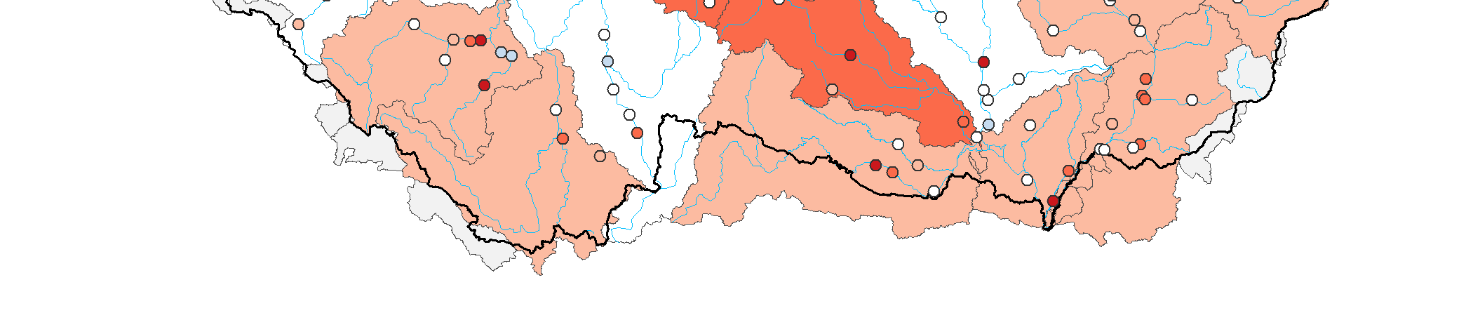 Mapa ukazuje stav podzemní vody ve sledovaných vrtech a oblastech povodí dle pravděpodobnosti překročení úrovně hladin v daném týdnu v referenčním období 1981 2010 (viz text).