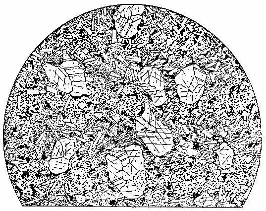 13 Obr. 9. Spilitická struktura spilitu - prostory mezi nepravidelně rozptýlenými lištami plagioklasu jsou vyplněny jemnozrnným agregátem druhotných minerálů (především chloritu, albitu a kalcitu).