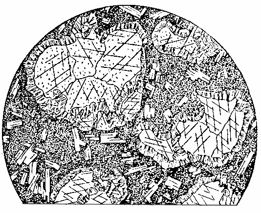 14 Obr. 10. Fluidální textura paleoandezitu - fluidálně uspořádané lišty albitu v základní hmotě tvořené devitrifikovaným sklem. Šířka obrázku 2 mm. Obr. 11.