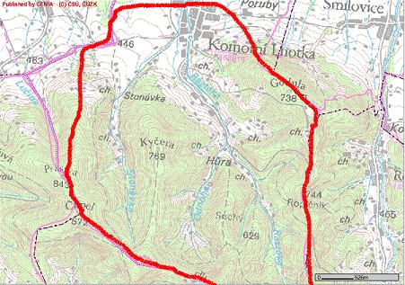 Obrázek 4.2: Vymezení zájmového území (Zdroj: http://geoportal.cenia.cz/mapmaker/cenia/portal/index.php, 28.2.2008) 5. Fyzickogeografická charakteristika 5.