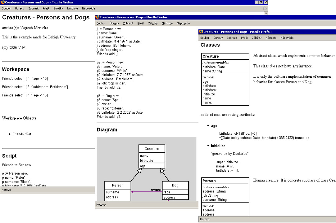 Projekt se v Daskalu ukládá nejen do datového souboru ve formátu XML, ale je také generována dokumentace obsahující zdrojové kódy, data i diagramy ve formátu HTML. Obr. 7.