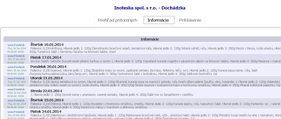 Aj bez prihlásenia je možné prezerať Prehľad prítomných zamestancov a Informácie (RSS kanály z preddefinovaných zdrojov, ktoré sa