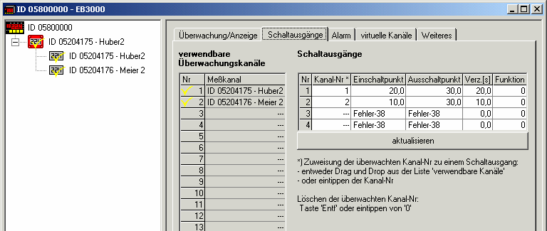 E35.0.01.6B-03 Zapojení a návod k obsluze EB 3000 strana 18 z 19 10.2.2. Karta: Spínací výstupy Zde je zobrazen opětovně seznam měřicích kanálů a je zde možné nastavení přiřazení spínacích výstupů.