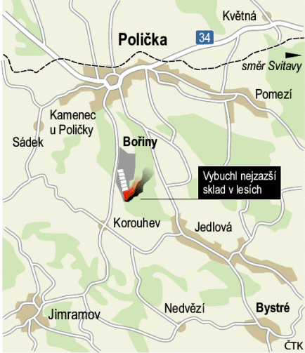 Obr. 3) Areál zbrojovky a geografické umístěné [8] 2.1.3 Výbuch v továrně Poličských továren Dne 9. září 2015 došlo k výbuchu bezdýmného střelného prachu v areálu Poličských strojíren, viz obr. č. 4.