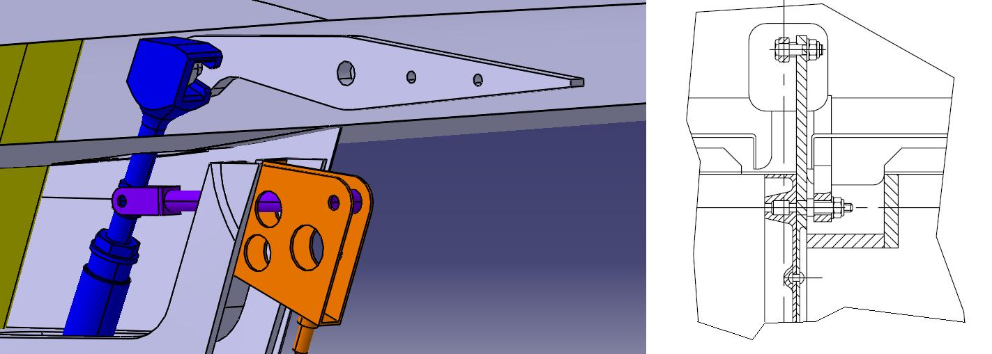 Na žebro zalepené v kýlové ploše letounu je připevněn pomocí šroubů držák úhlové páky obdobné konstrukce jako spodní závěs směrového kormidla.