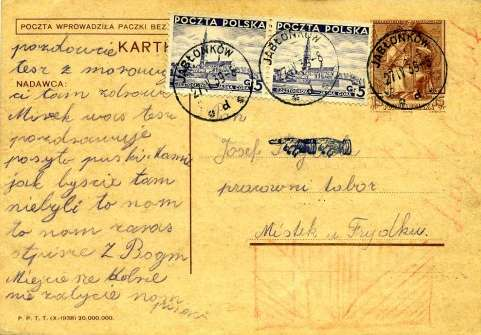 - 10 - Dvě zahraniční zásilky z polského záboru v r. 1938-1939 na aukci u firmy Lisztwan v květnu 2009. Zahraniční zásilka poslaná z Jablunkova (tehdy Polsko) do Místku (Protektorát).