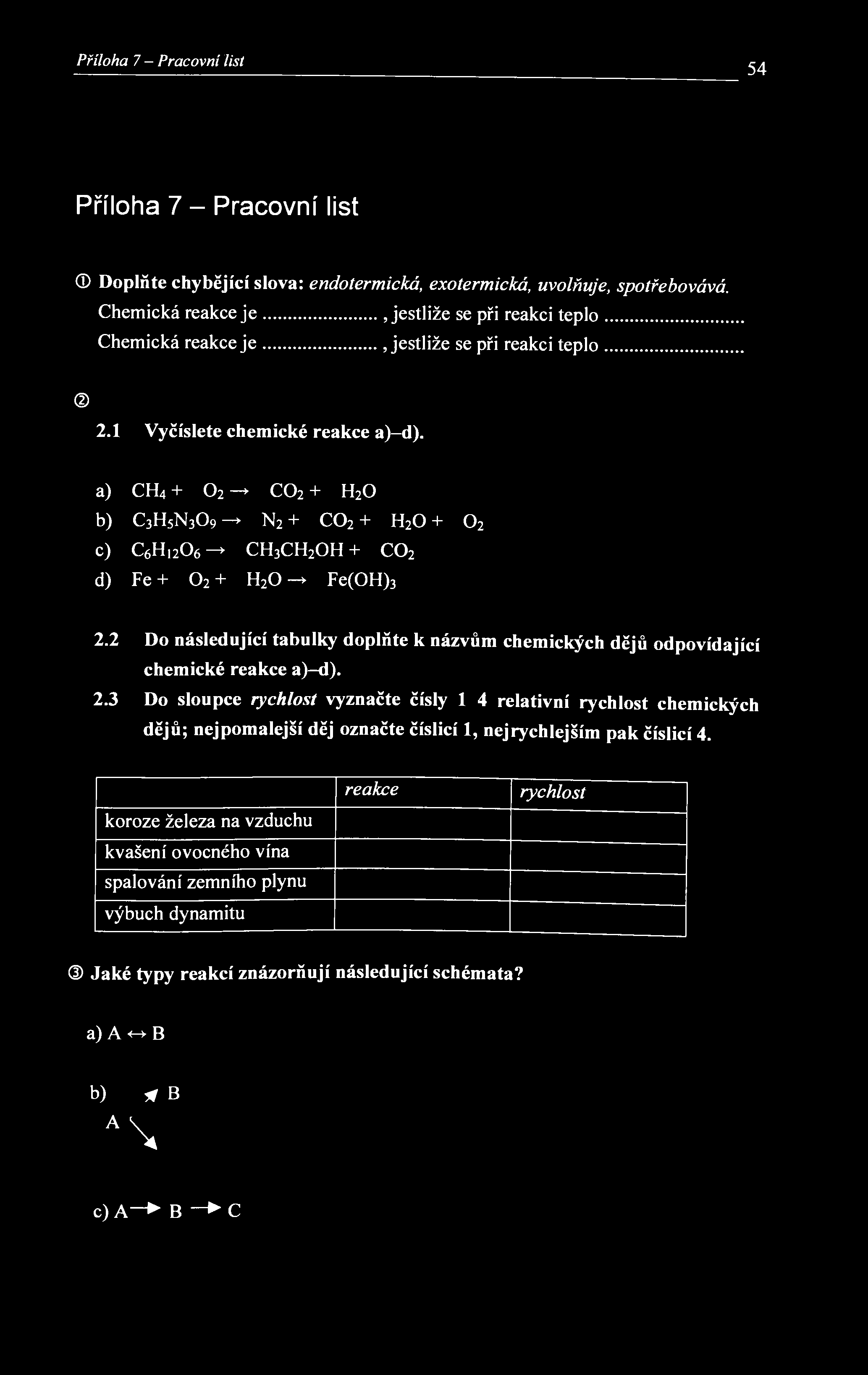 Příloha 7 - Pracovní list 54 Příloha 7 - Pracovní list Doplňte chybějící slova: endotermická, exotermická, uvolňuje, spotřebovává.
