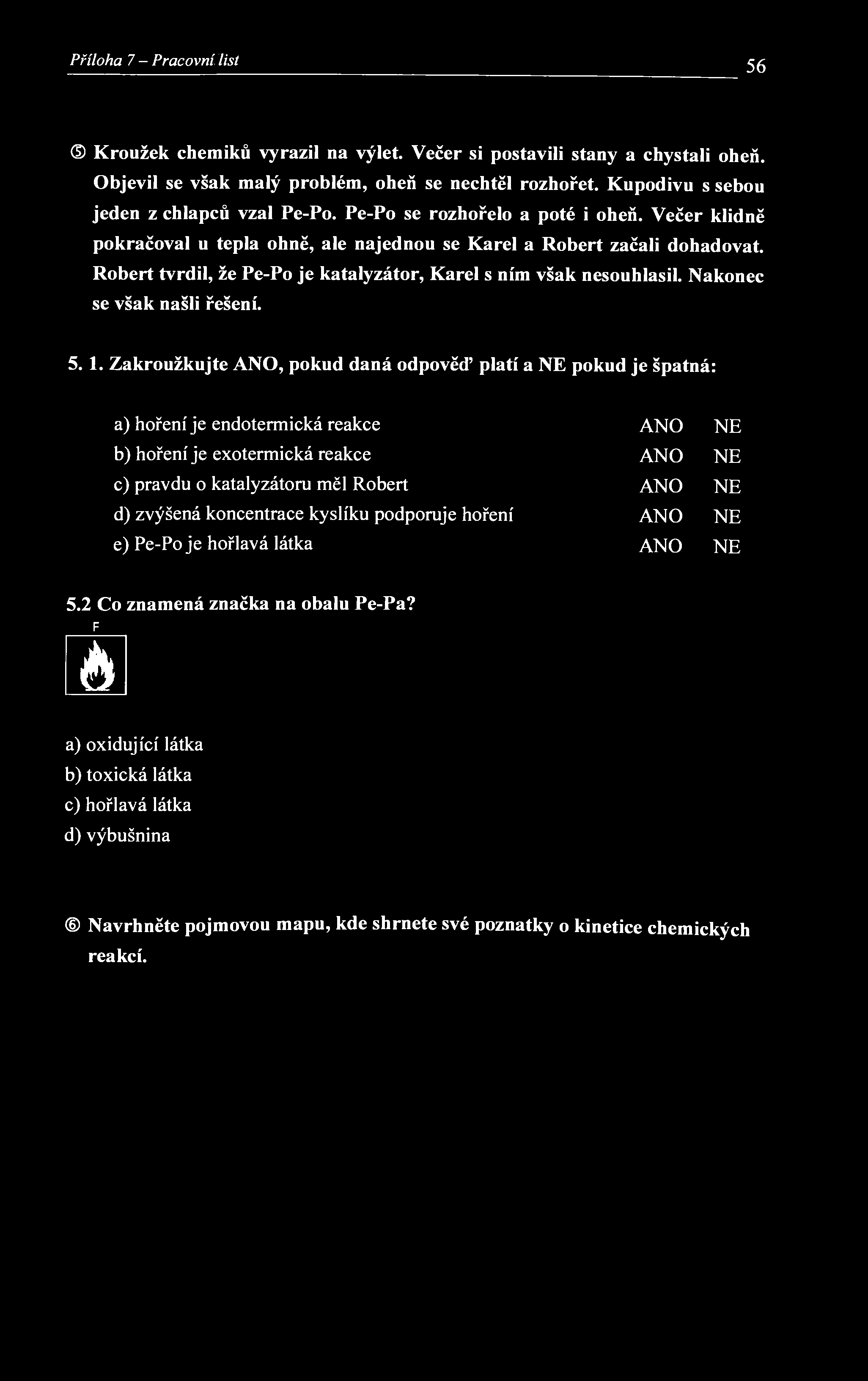 Příloha 7 - Pracovní list 56 Kroužek chemiků vyrazil na výlet. Večer si postavili stany a chystali oheň. Objevil se však malý problém, oheň se nechtěl rozhořet.