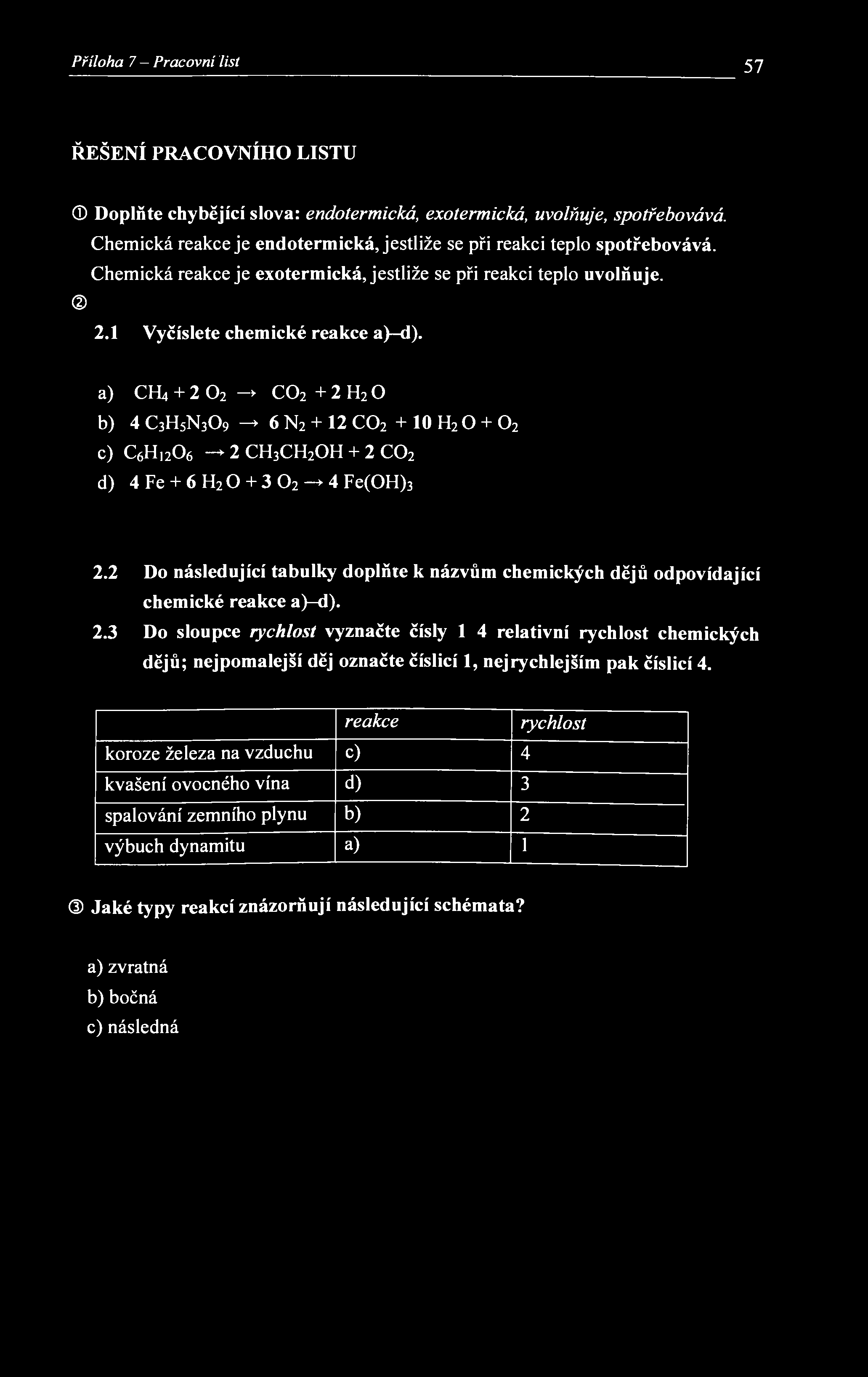 Příloha 7 - Pracovní list 57 ŘEŠENÍ PRACOVNÍHO LISTU (D Doplňte chybějící slova: endotermická, exotermická, uvolňuje, spotřebovává.