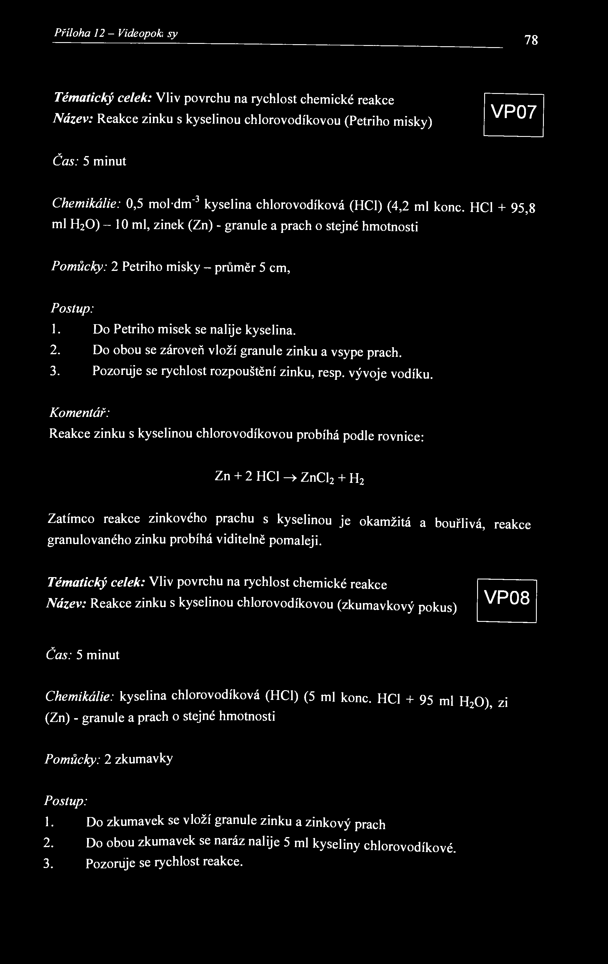 Příloha 12 - Videopokxisy 78 Tématický celek: Vliv povrchu na rychlost chemické reakce Název: Reakce zinku s kyselinou chlorovodíkovou (Petriho misky) VP07 Čas: 5 minut Chemikálie: 0,5 mol-dm" 3