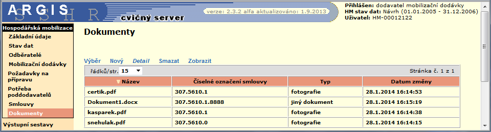 5.8 Dokumenty Odkaz Dokumenty na levé liště zobrazí stejnojmennou stránku obsahující přehled všech dokumentů připojených k jednotlivým smlouvám, které má přihlášený dodavatel uzavřeny se svými