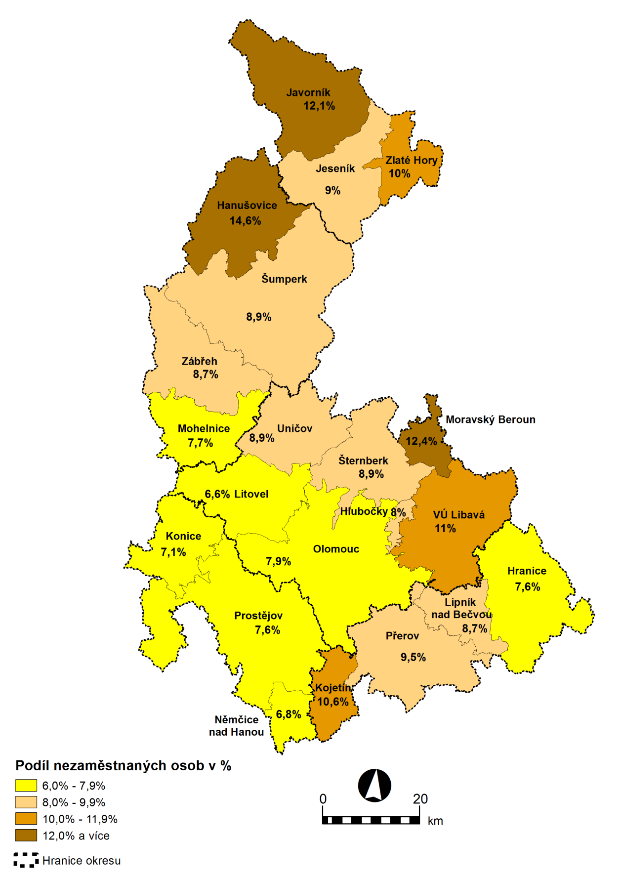 Kartogram: Podíl nezaměstnaných osob na území POÚ (k 30. 6.