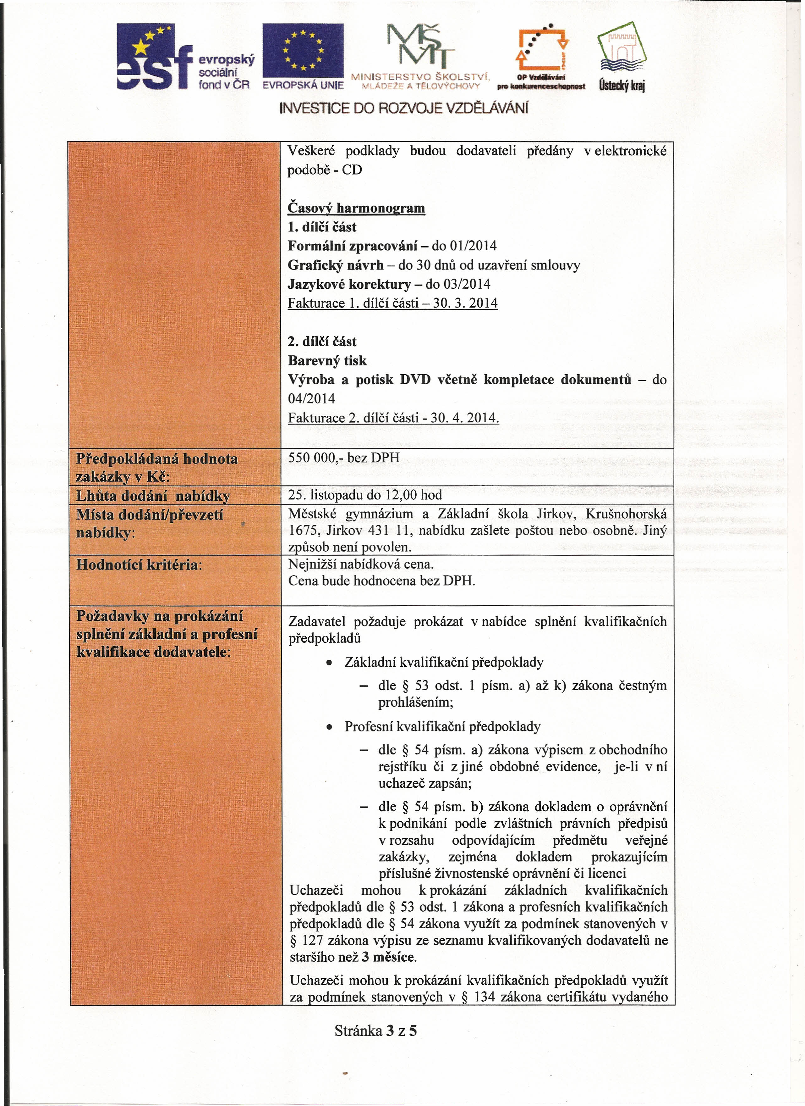 fondvčr.. _ t.. EVROPSKÁ UNE W'\SERSTVO /ÁDe;ž;; ŠKOLSTV, A TtlOVYCHOVY OPVlMMvW NVESTCE DO ROZVOJE VZDĚLÁVÁN Veškeré podklady podobě CD budou dodavateli předány v elektronické ČasoVÝ harmonogram 1.