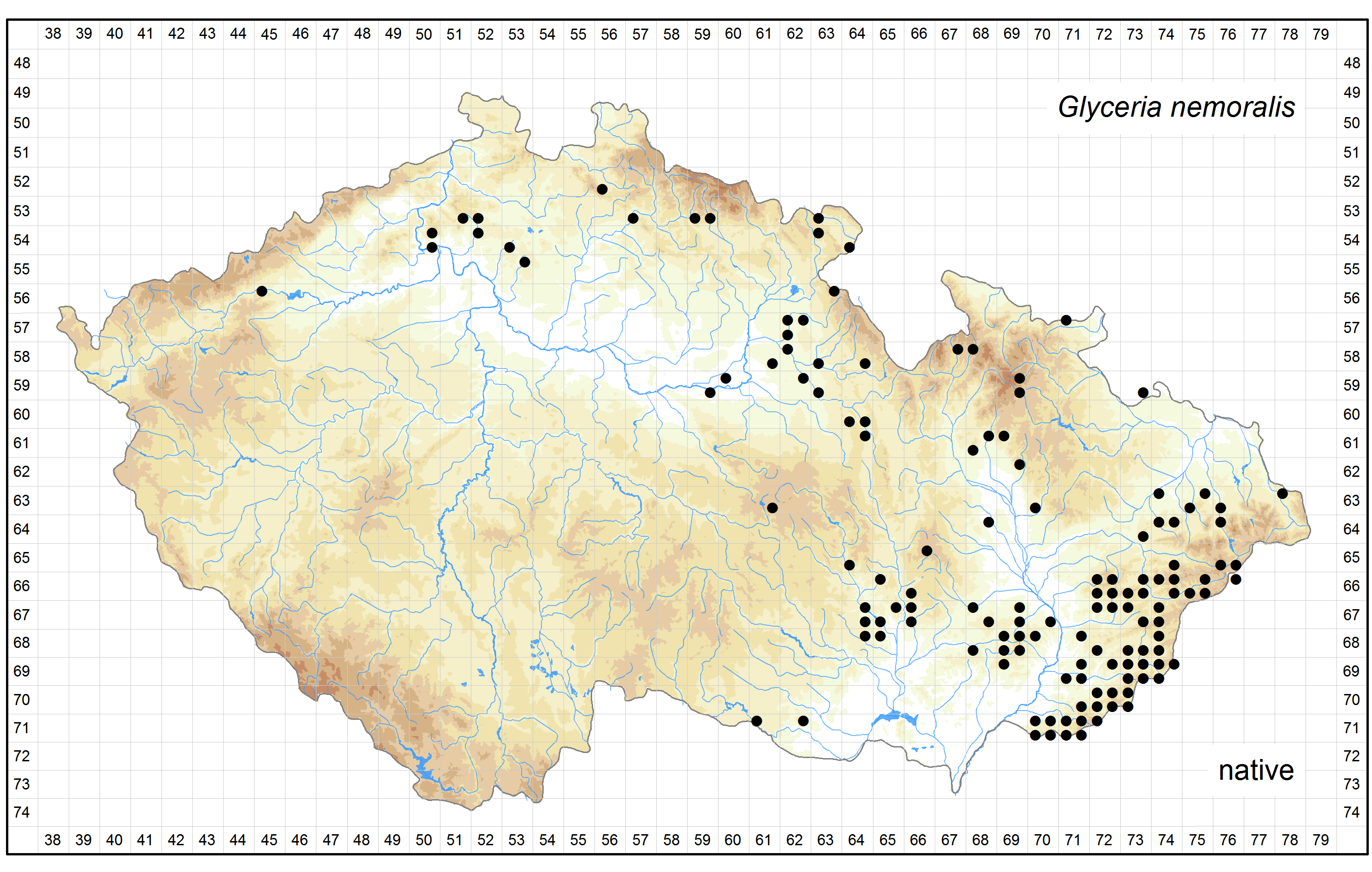 Distribution of Glyceria nemoralis in the Czech Republic Author of the map: Martin Dančák, Bohumil Trávníček Map produced on: 18-11-2015 Database records used for producing the distribution map of