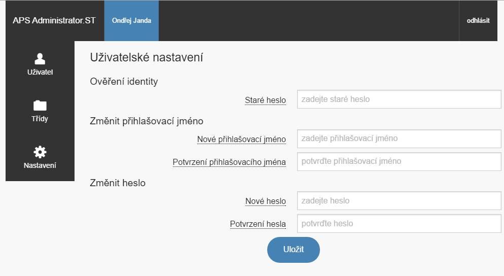 7.4 Nastavení Na záložce Nastavení může uživatel měnit své přihlašovací jméno a heslo (obr. 5).