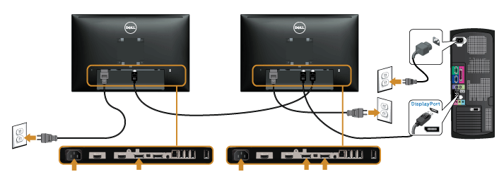 Připojení černého kabelu DisplayPort (DP na DP) Připojení k monitoru pro funkci DP MST (Multi-Stream Transport) POZNÁMKA: U2415 podporují funkci DP MST.