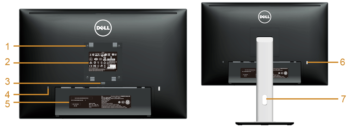 Pohled zezadu Pohled zezadu - s podstavcem Označení Popis Pomocí tlačítka 1 Montážní otvory VESA (100 mm x 100 mm - za upevněným krytem VESA) Montáž monitoru na stěnu pomocí sady pro montáž na stěnu