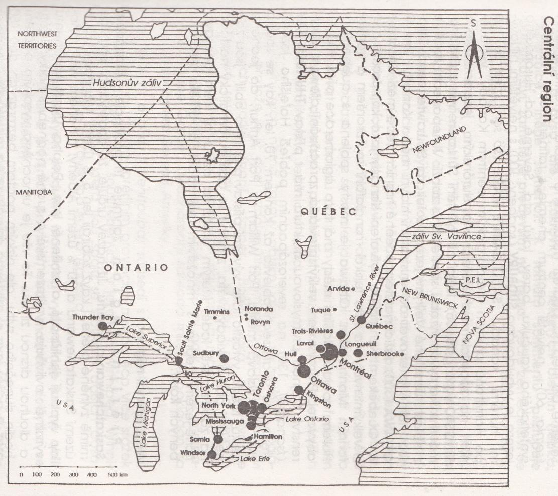 Centrální region Provincie Ontario a Québec Nejlidnatější region a ekonomické jádro země 80% kanadské průmyslové výroby Azbest (Québec), nikl a uran (Ontario) Železo, měď, olovo, zinek, titan, zlato,