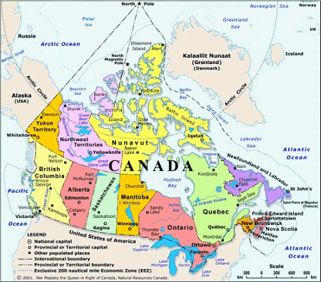 Nezávislá konstituční federativní monarchie 10 provincií, 2 federální území spravovaná ústřední vládou, 1 samosprávné teritorium (Nunavut) 2.