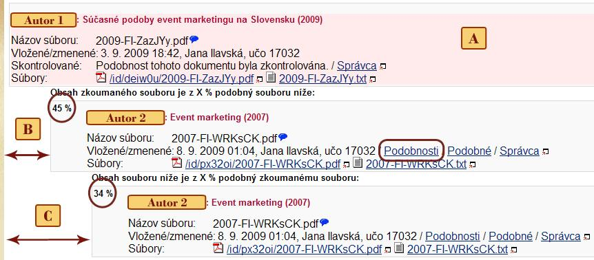 Ďalším možným výsledkom hľadania je určitá percentuálna zhoda s inou prácou, ktorá je v THESES.