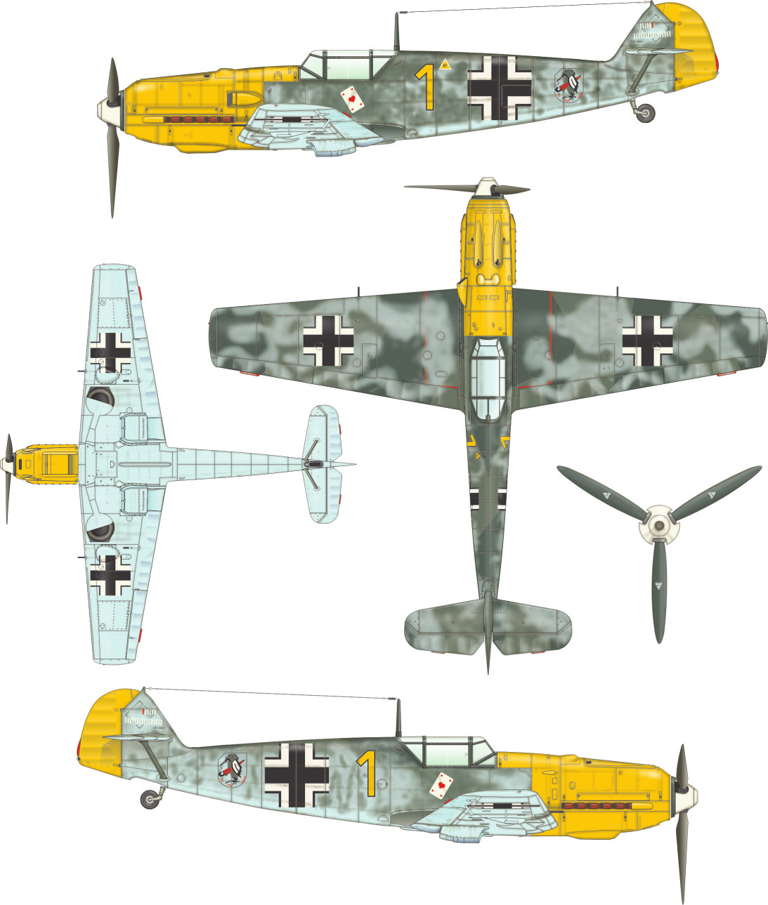 B Oblt. Josef Priller, Staffelkapitän 6./JG 51, France, Autumn 1940 Yellow 1, W.Nr. 5057, was flown by the commander of 6.