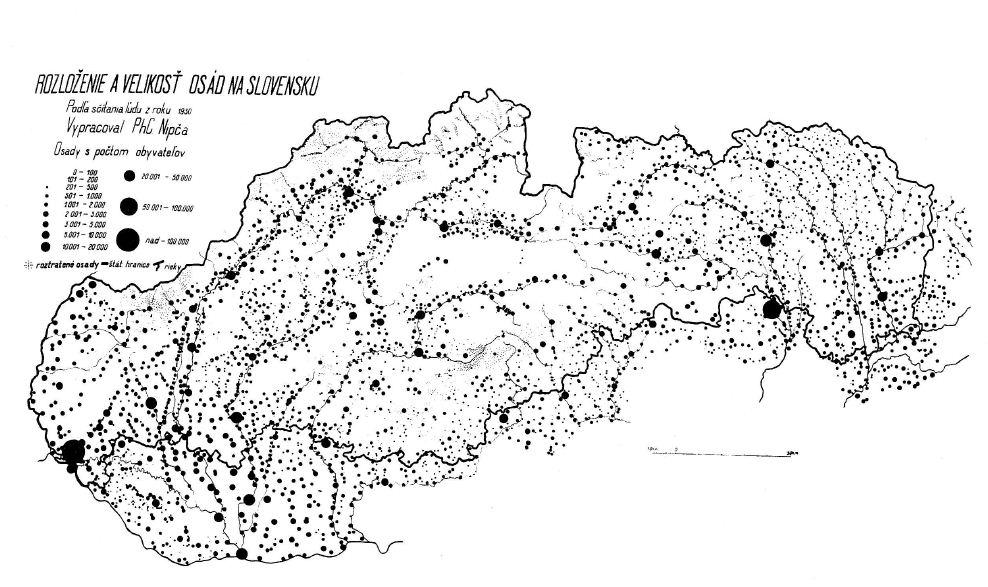 Obr. 1 Rozloženie a veľkosť osád na Slovensku podľa