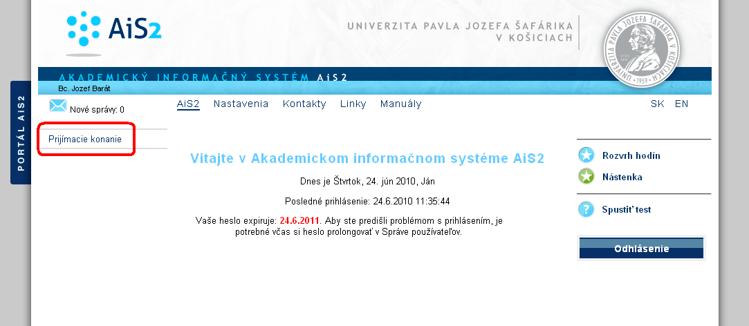 obr. 1 2 Portál - Prihlásenie Po prihlásení kliknite na linku Prijímacie konanie, ktorá otvorí ďalšie menu. obr.