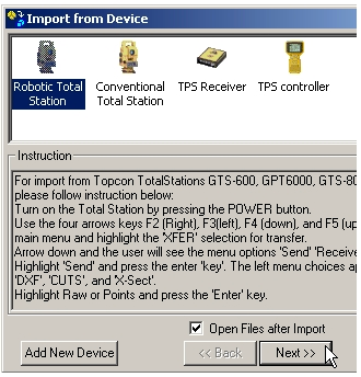 Importování souboru měřených dat z totální stanice do PC 1. V nástrojové liště klikněte na tlačítko s ikonou Import. 2. Zobrazí se okno procedury importování. 3.