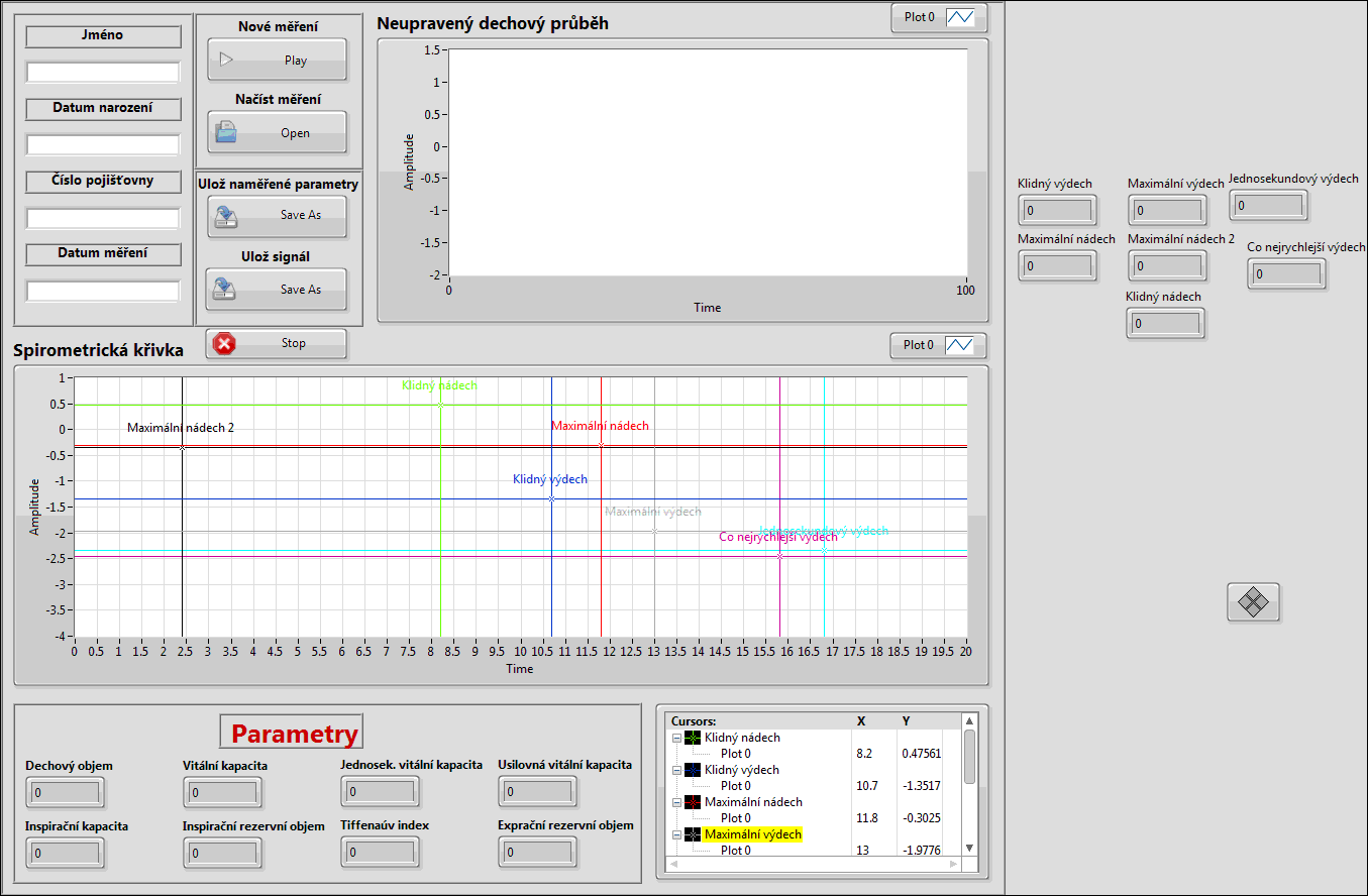 Obrázek 12. Čelní Panel 4.3 Zahájení nového měření a načtení uloženého signálu První částí Blokového diagramu je výběr mezi zahájením nového měření a načtením uloženého, již naměřeného signálu.