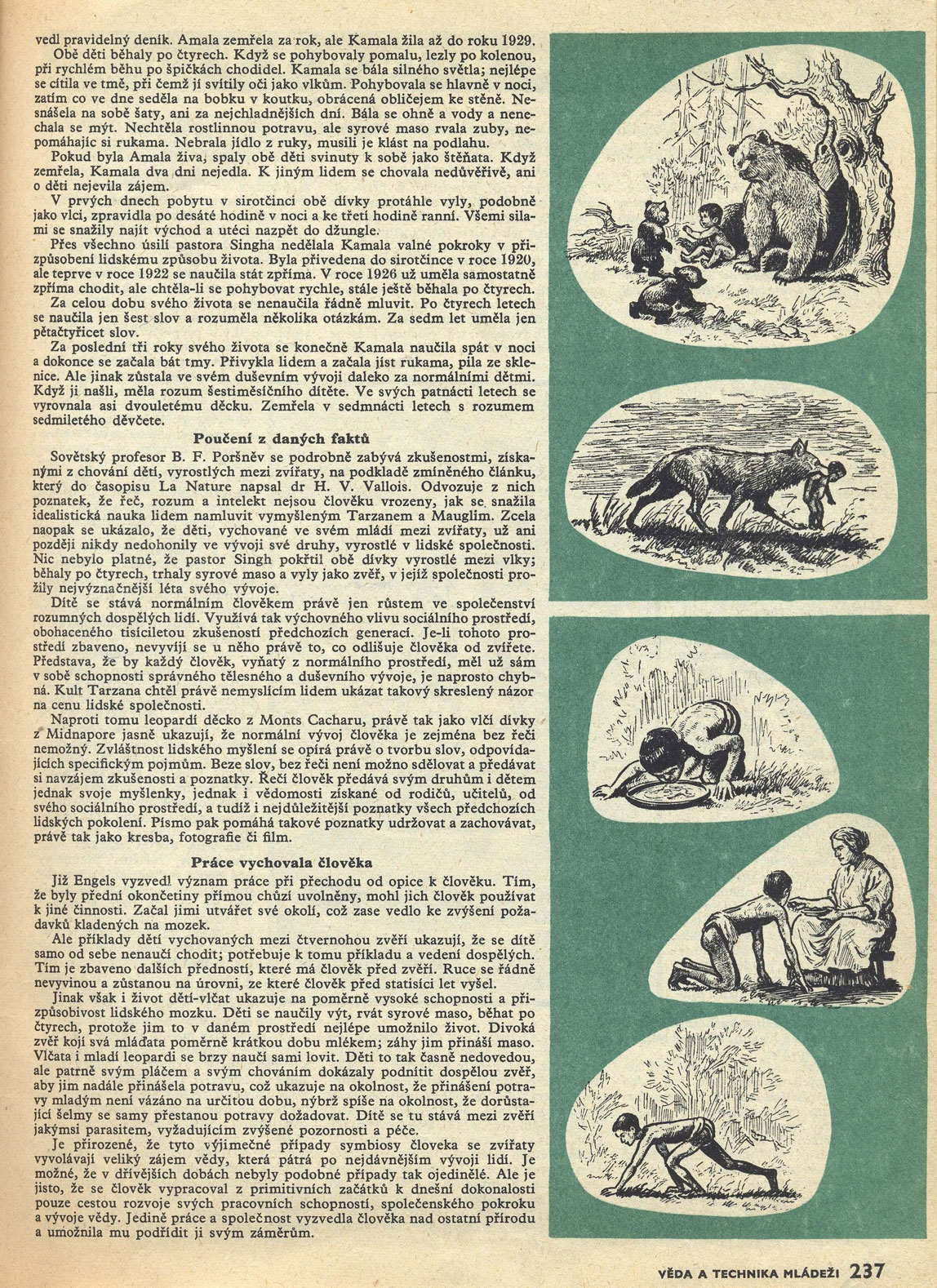 vedl pravidelný denik. Amala zemřela za rok, ale Kamala žila až do roku 1929. Obě děti běhaly po čtyrech. Když se pohybovaly pomalu, lezly po kolenou, při rychlém běhu po špičkách chodidel.