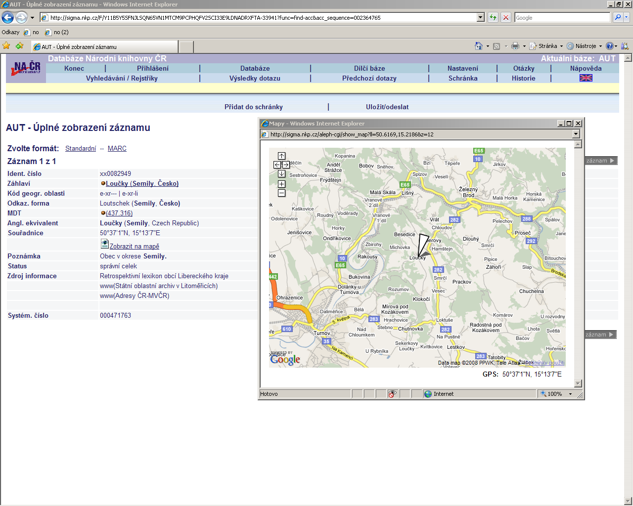 Ukázka záznamu GEO autority s propojením na mapový portál Mapy.