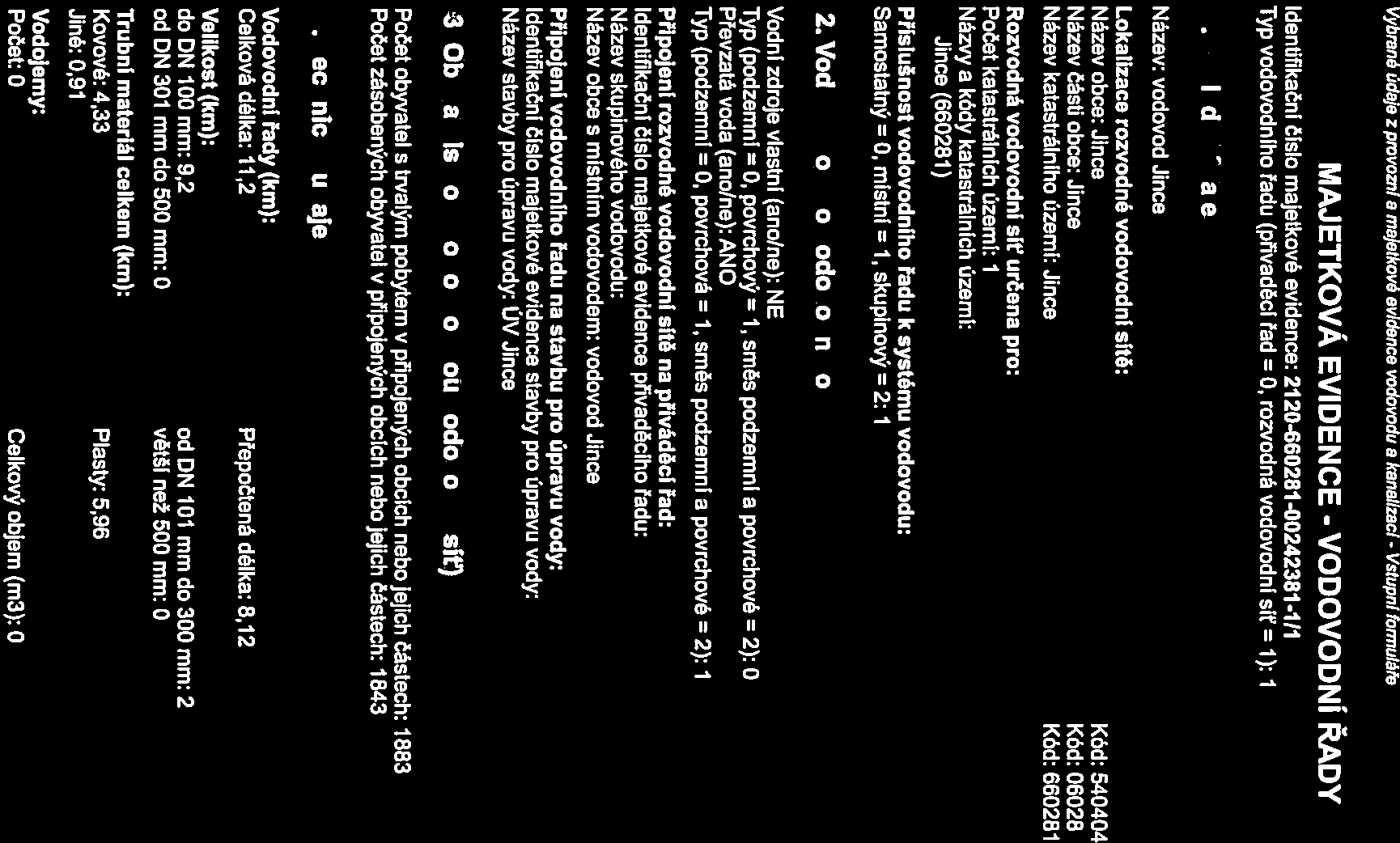 ) Í Vybrané údaje z provozní e majetkové evidence vodovodů e kanalizací - Vstupní formuláře MAJETKOVÁ EVIDENCE - VODOVODNÍ ŘADY Identifikační čislo majetkové evidence: 2120-660281-00242381-111 Typ