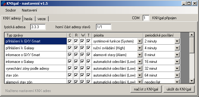 Nastavení Pro nastavení jednotky KNXgal slouží program KNXgal.exe. S počítačem je jednotka KNXgal propojena po sériové lince, která je při normálním provozu určena pro komunikaci s ústřednou Galaxy.