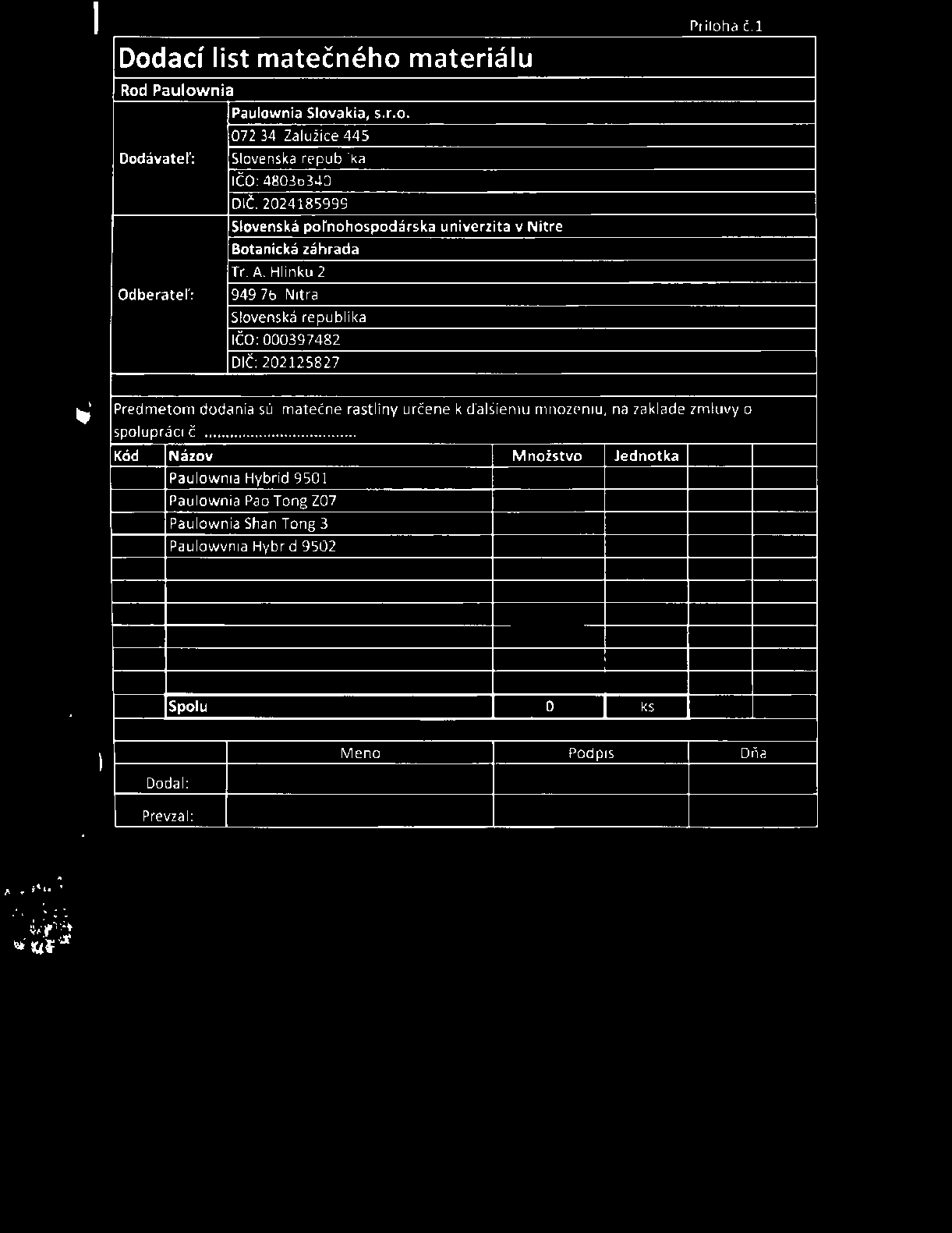 Ddací list matečnéh materiálu Rd Paulw nia Paulwnia Slvakia, s.r.. Ddávateľ: Odberater: 072 34 Zalužice 445 Slvenská republika IČO: 48036340 DIČ : 2024185999 Slvenská prnhspdárska univerzita v Nit re Btanická záhrada Tr.
