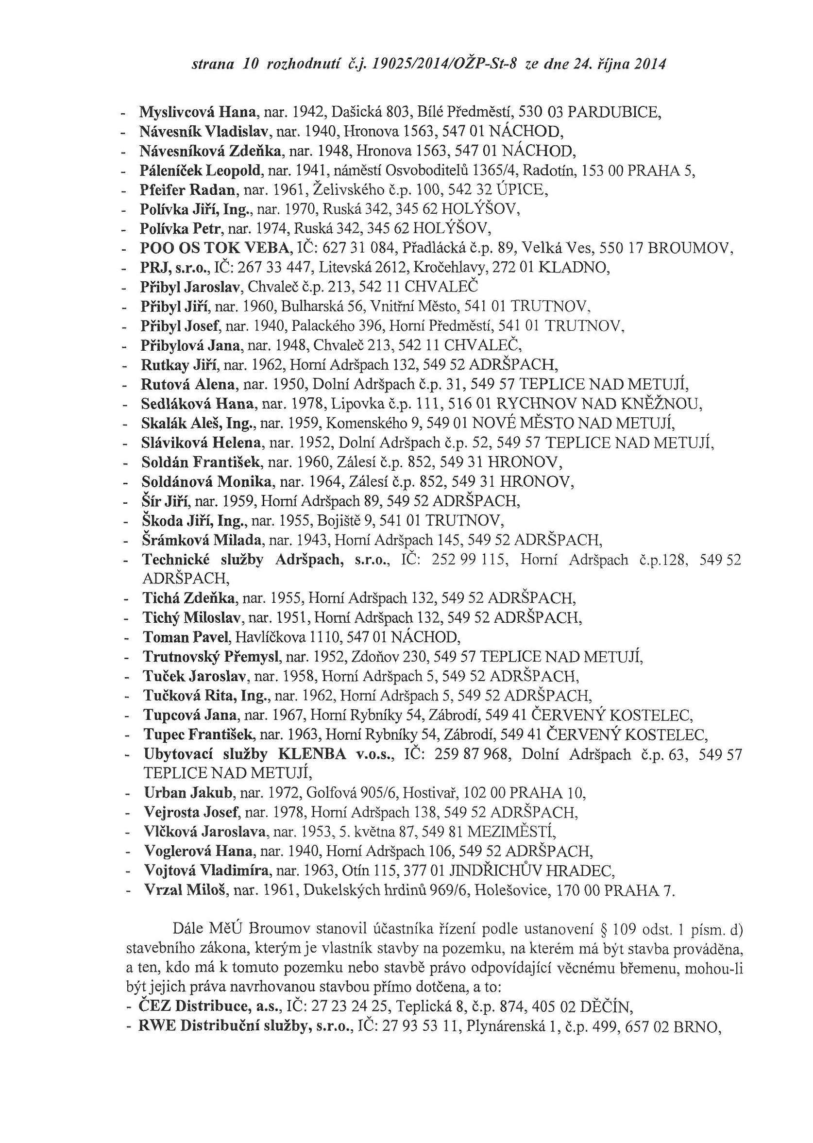 strana 10 rozhodnutí č.j. 19025/2014/OŽP-St-8 ze dne 24. října 2014 - Myslivcova Hana, nar. 1942, Dašická 803, Bílé Předměstí, 530 03 PARDUBICE, - Návesník Vladislav, nar.