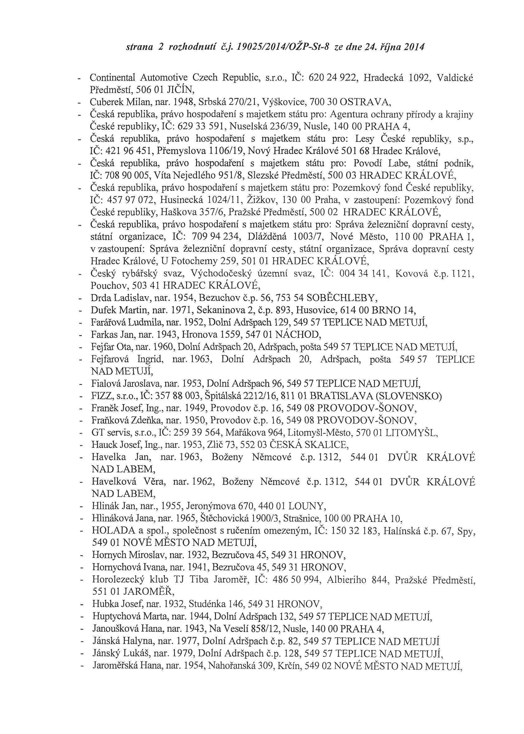 strana 2 rozhodnutí č.j. 19025/2014/OŽP-St-8 ze dne 24. října 2014 - Continental Automotive Czech Republic, s.r.o, IČ: 620 24 922, Hradecká 1092, Valdické Předměstí, 506 01 JIČÍN, - Cuberek Milan, nar.