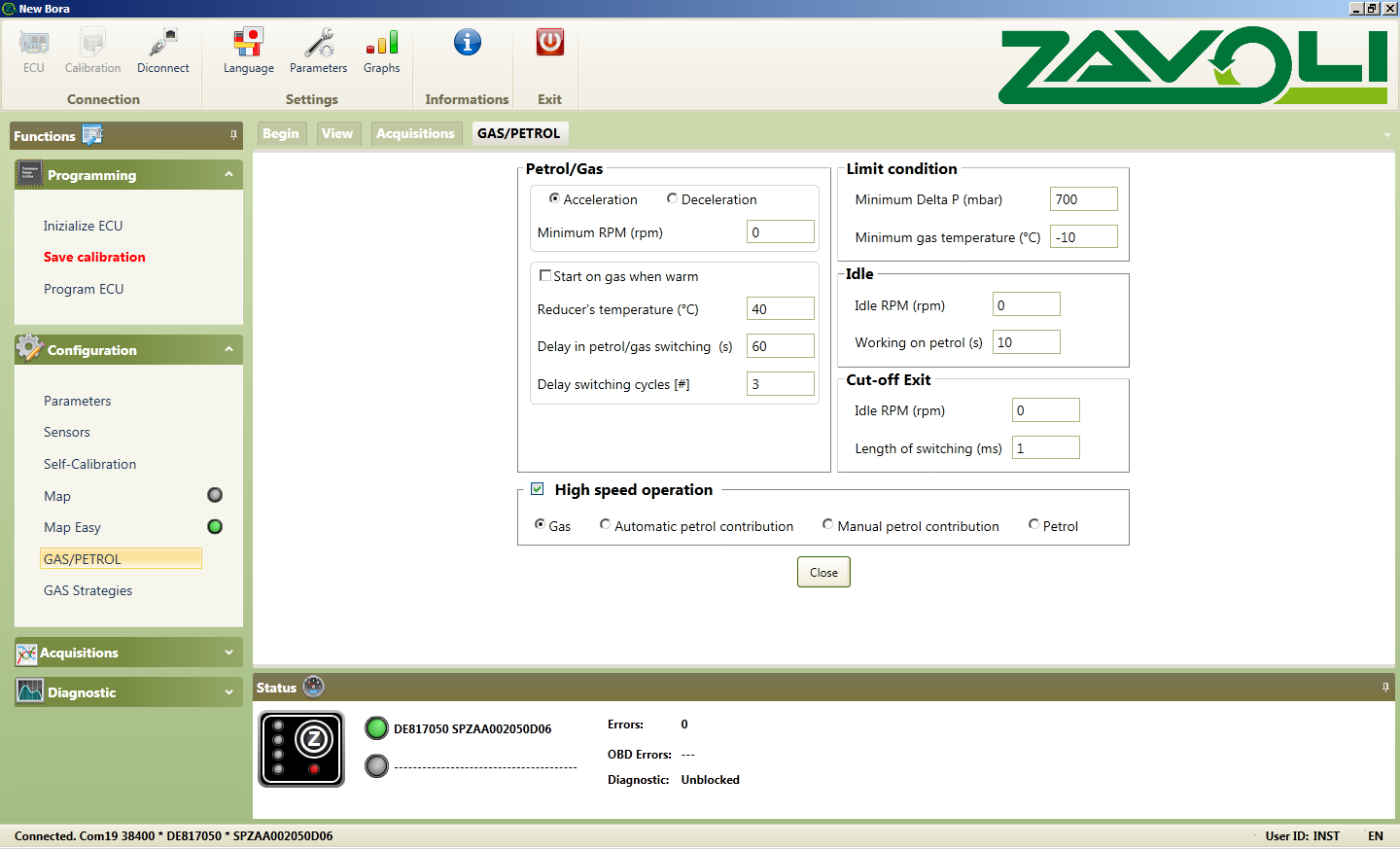 6. Gas/Petrol By selecting GAS/PETROL on the main screen, you can access a series of sections on settings and parameters of the vehicle. (fig.