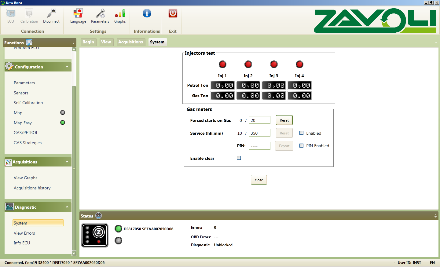 10. Diagnostics 10.1 System On this page, you can access the injectors test and the system's operation time, Figure 10.1-2. INJECTOR TEST Fig.10.1-2 You can electrically exclude one or more GAS injectors, thus enabling the corresponding PETROL injector.