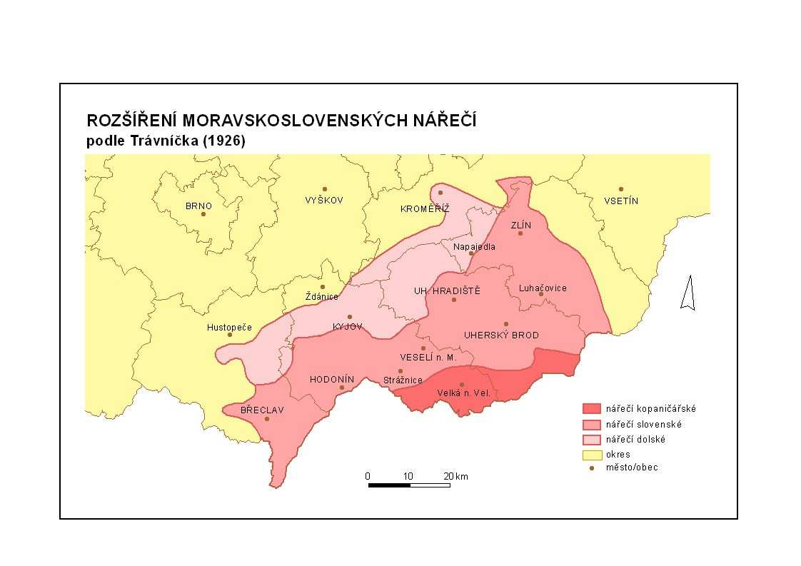 Obr. 7: Rozšíření moravskoslovenských (východomoravských) nářečí Do moravskoslovenské skupiny náleží také významná moravská nářečí valašské a kelečské, ležící v severní a severovýchodní částí této