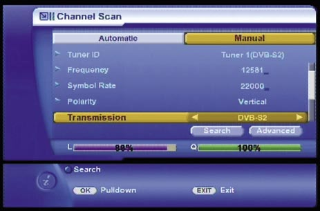 Aktualizace firmware z Internetu Hlavní menu Konfigurace satelitu Manuální vyhledávání kanálů v DVB-S2 Zadní panel je pak našlapaný konektory. Začněme se síťovým vypínačem.