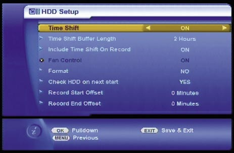 Automatické vyhledávání Nastavení HDD Informační obrazovka s probíhajícími nahrávkami NTSC, 720p-50 Hz, 720p-60 HZ, 1080i -50 Hz nebo 1080i-60 Hz) stejně jako parametry Dolby Digital zvuku.