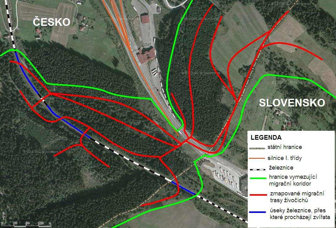 Příloha 2 Obr. 13. Migrační trasy velkých savců na koridoru Jablunkov. (mapový podklad: http://mapy.