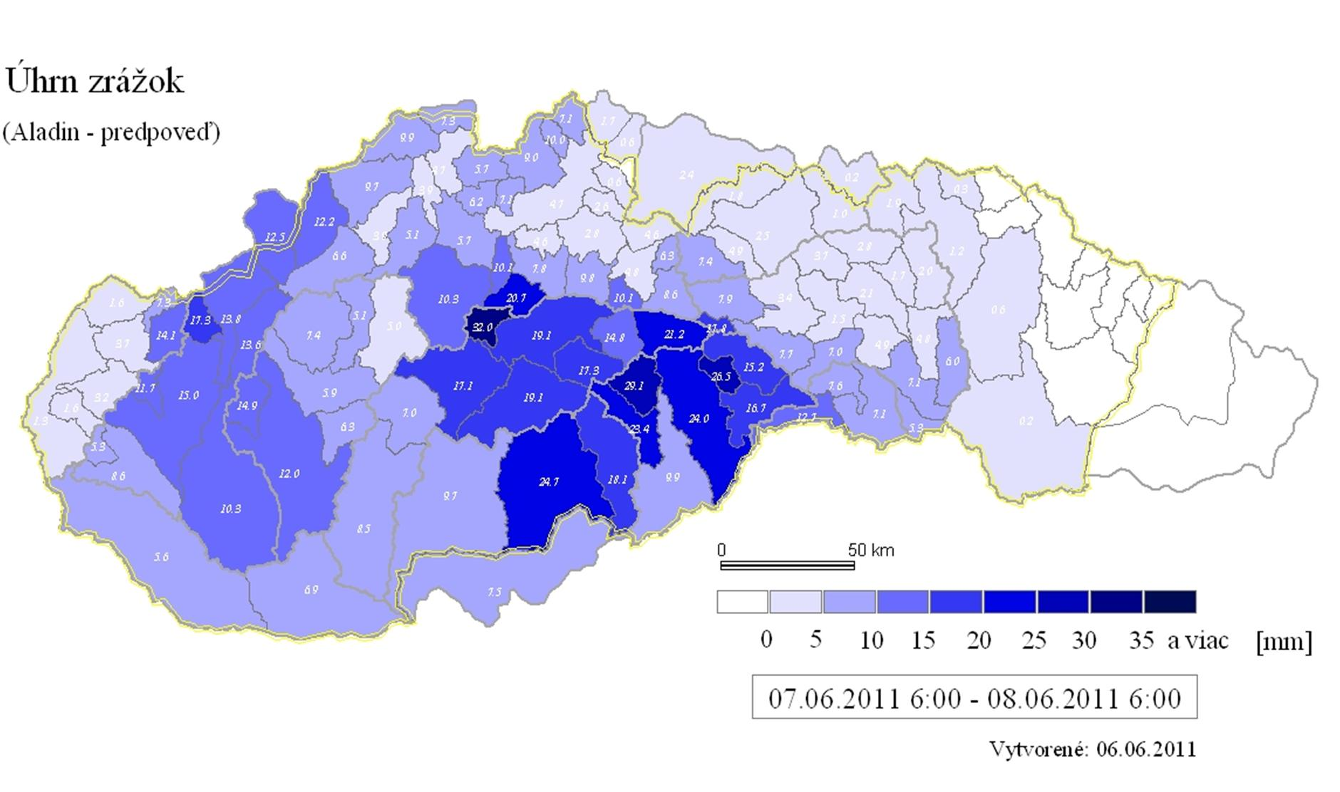 Obr. 6 Mapa predpovedaných zrážok podľa modelu Aladin Obr.